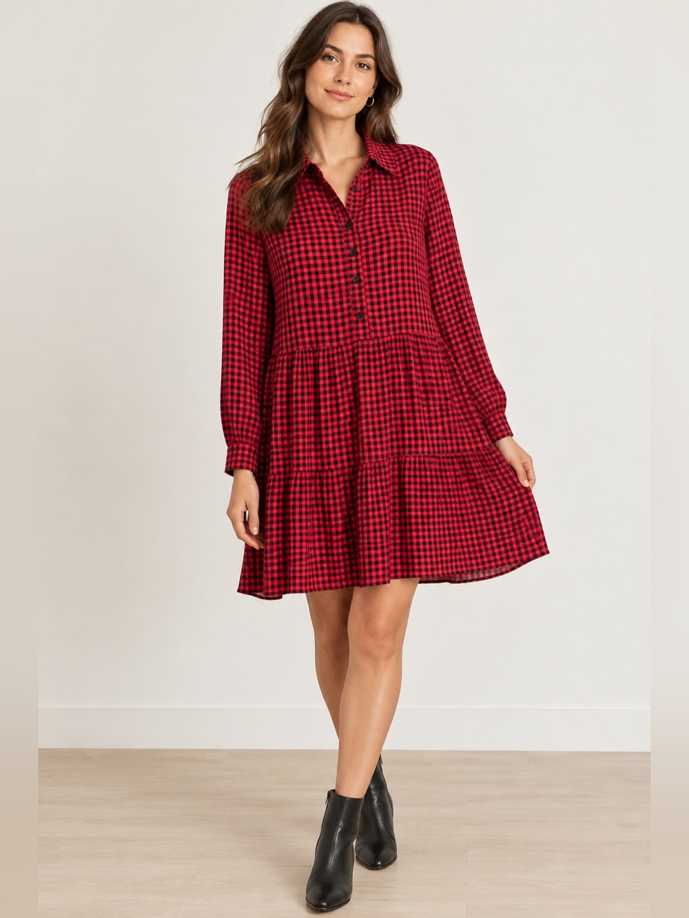 Euromoda |Made in Italy | Red/Black Gingham Plaid |Tiered |Shirt Dress |Size L